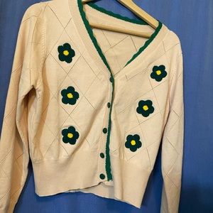 Belle Poque Size S Elegant Retro Cardigan with Green Flower Appliqués